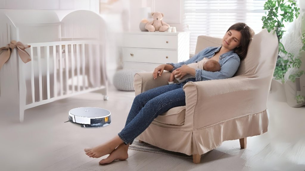Mother Sleeping with child and robo vacuum cleaner
