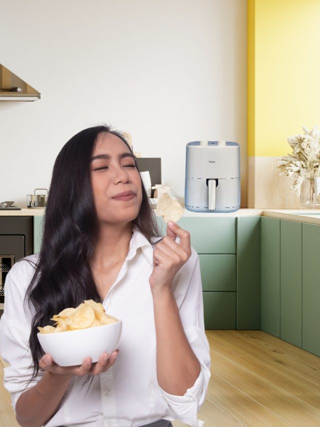 Woman eating chips and air fryer