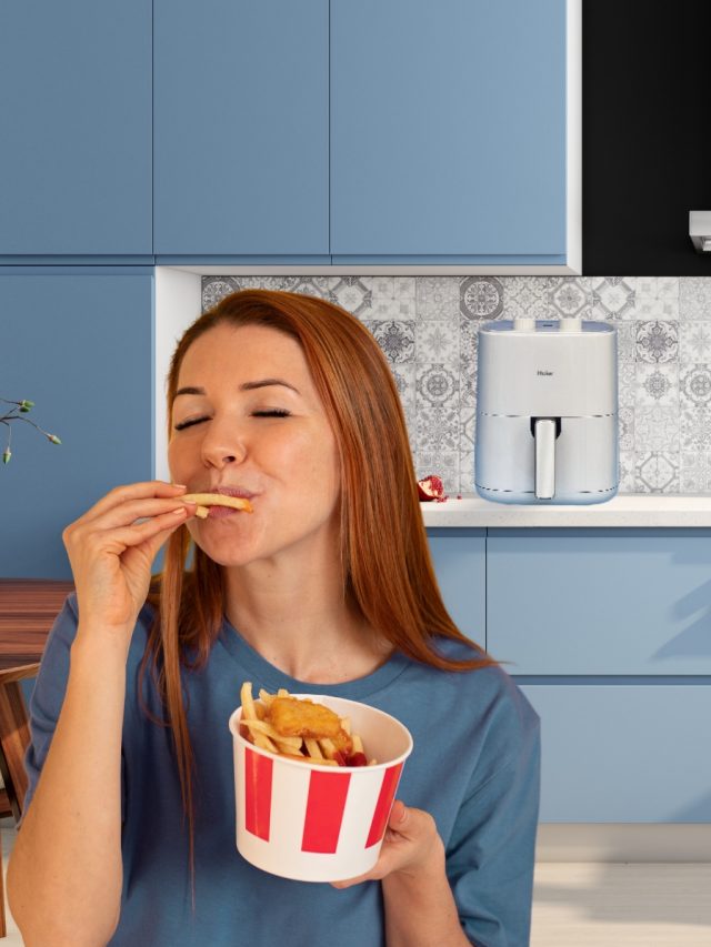 Woman eating french fries and Air fryer