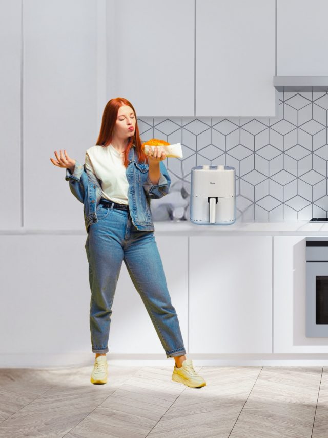 Woman using Air fryer and eating fried food