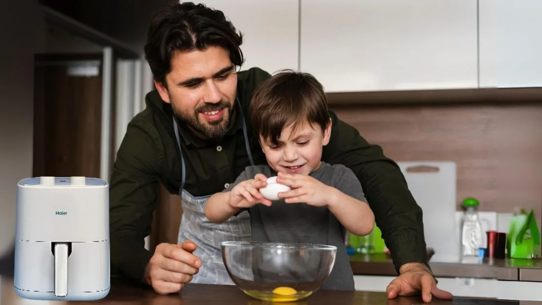 Father and Son using Air Fryer for meal preparations