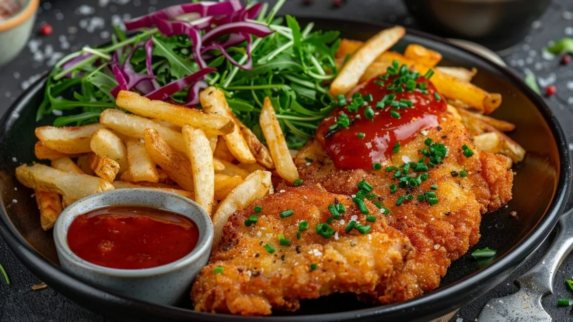 French fries and fried bread chop on plate