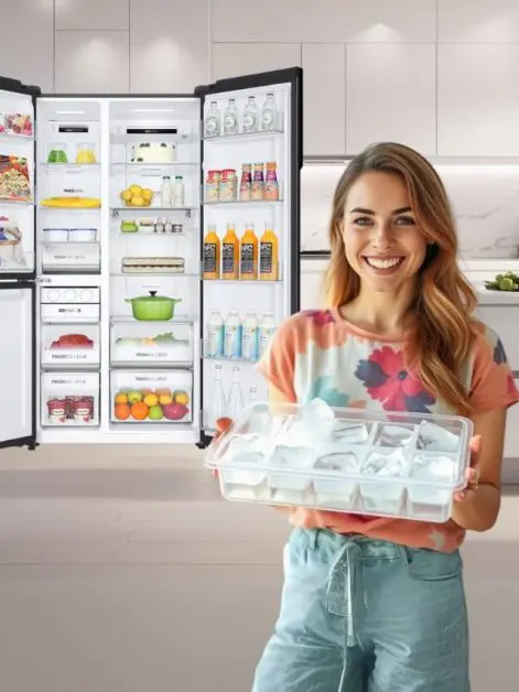 Woman with Ice Tray from Refrigerator