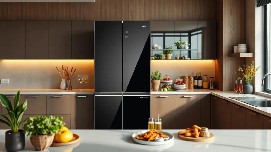 Black Glass Finish Refrigerator in Kitchen Decoration