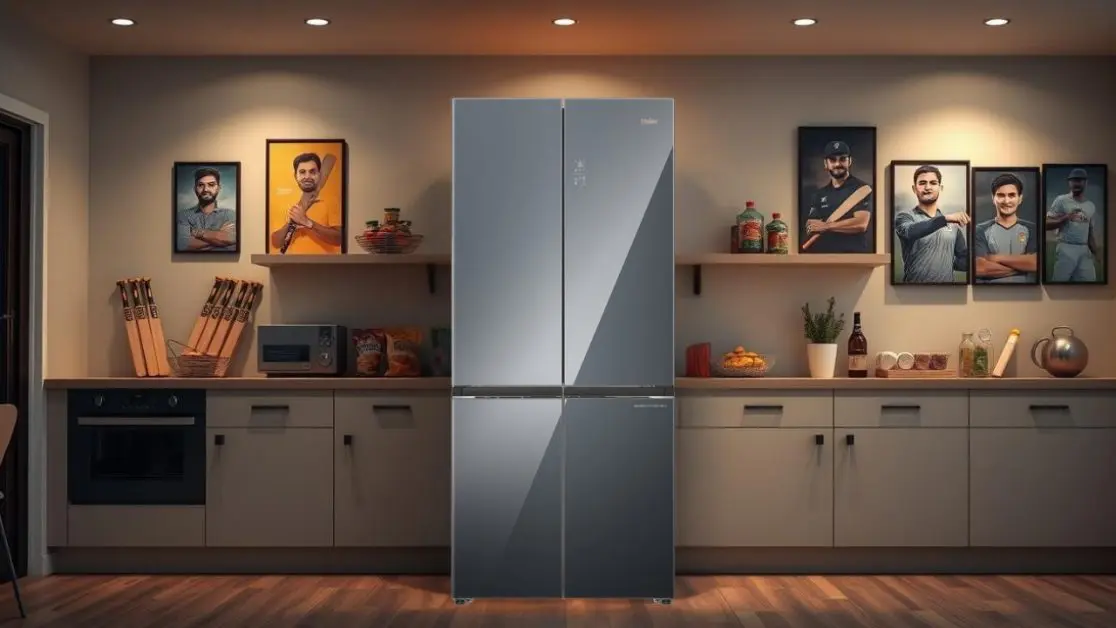 a kitchen with a refrigerator and shelves