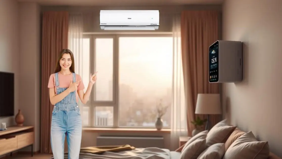 Woman enjoying Air conditioner cool airflow in a room