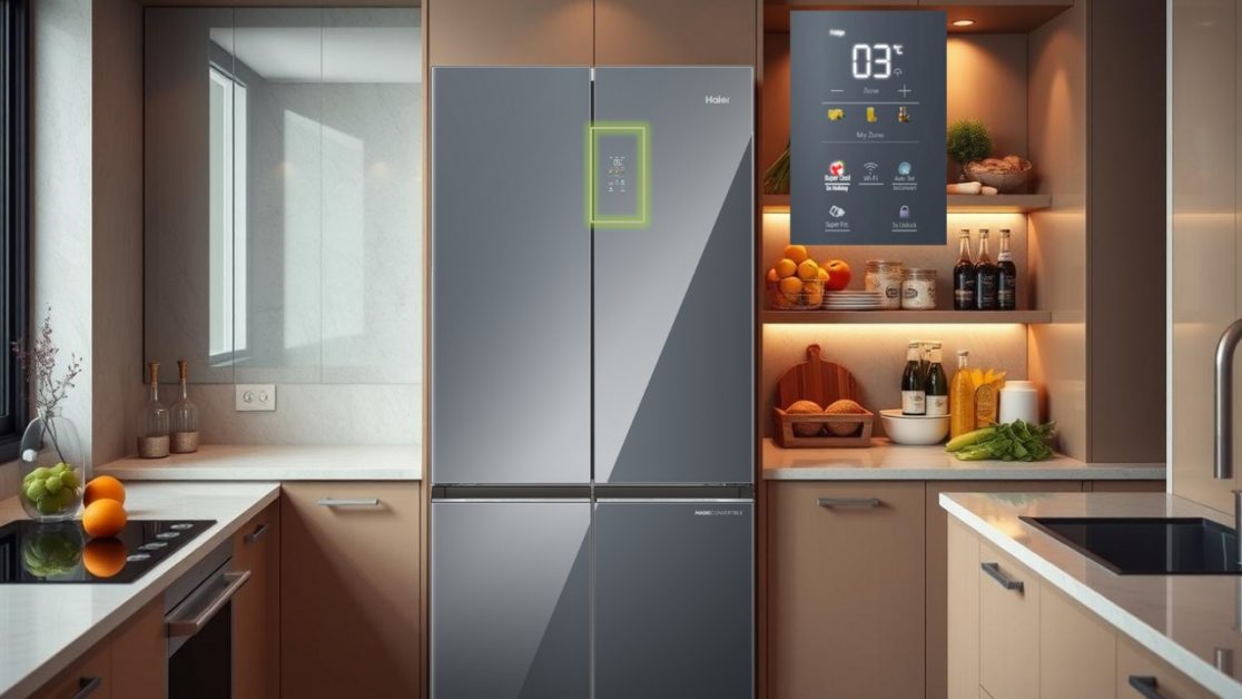 Colorful digital display panel in 4 door refrigerator for convenience