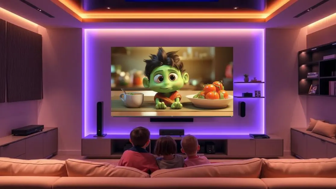 Kids watching cartoon in Mini LED TV Kids watching cartoon in Mini LED TV