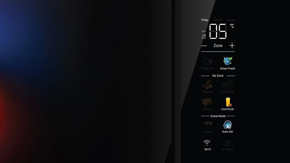 colourful digital display in 4 door refrigerator