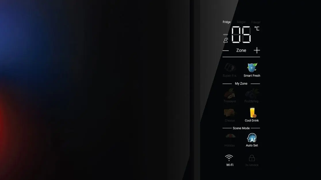 colourful digital display in 4 door refrigerator