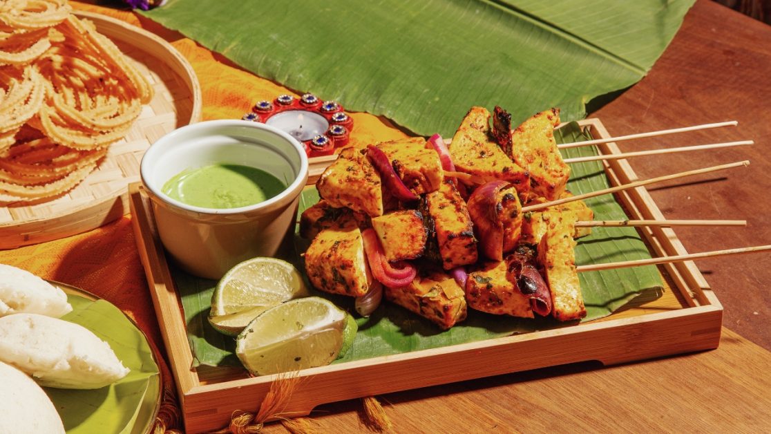 Make Paneer tikka in motorised rotisserie microwave
