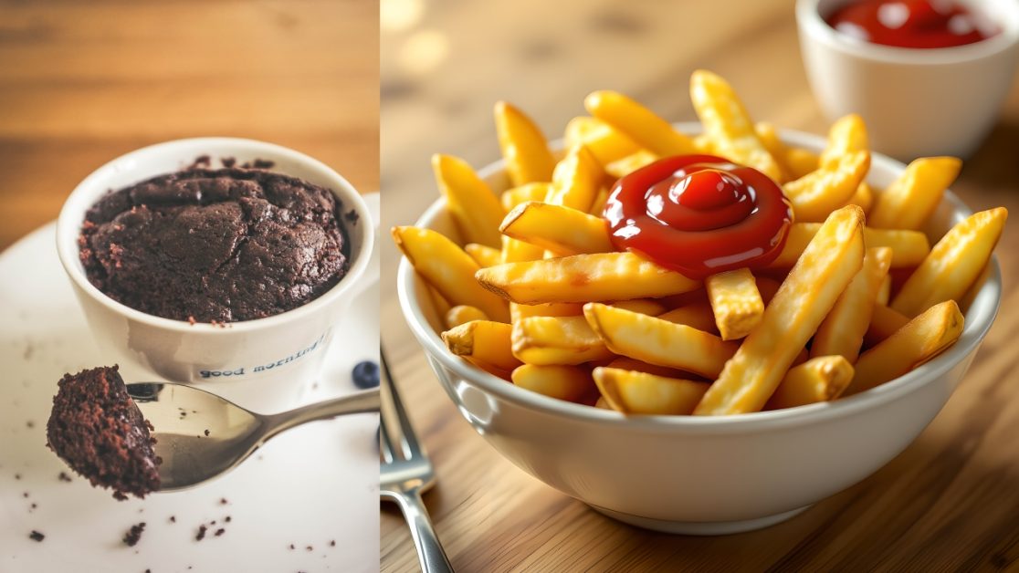 mug cakes and fries