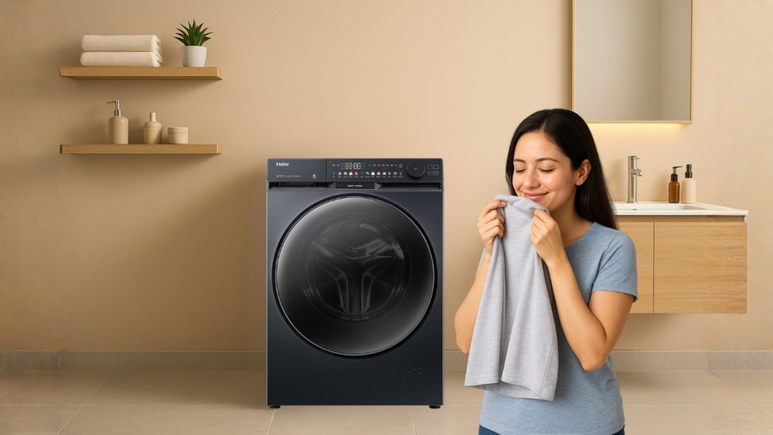 freshly washed clothes in washing machine