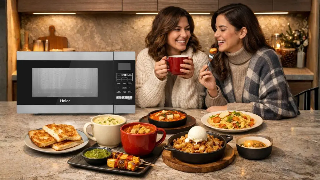 Microwave behind fast winter snacks