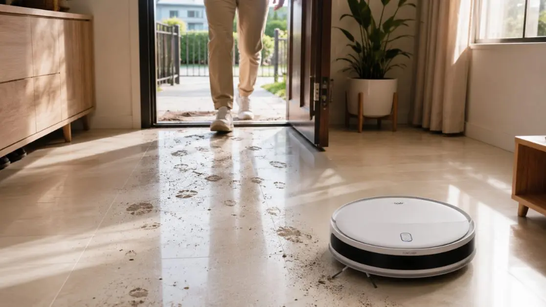 Robot vacuum cleaning dust from the floor