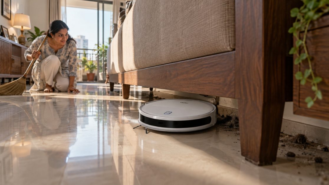 Robot Vacuum Cleans those areas where broom cannot reach