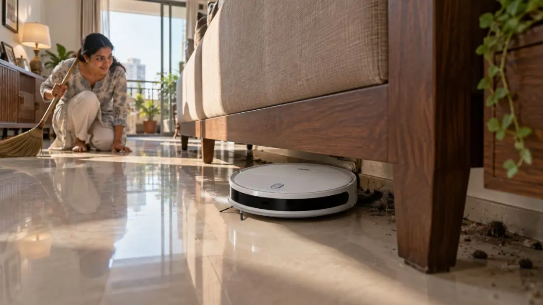 Robot Vacuum Cleans those areas where broom cannot reach