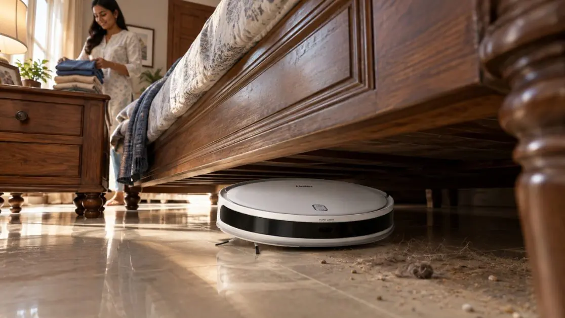 Robot vacuum cleaning under heavy Indian furniture